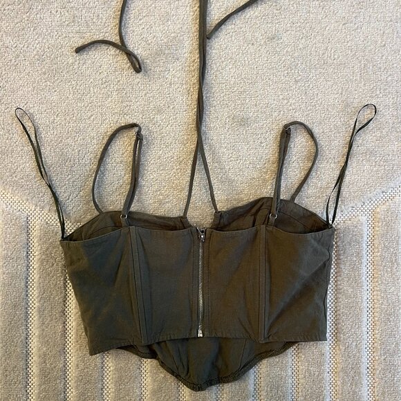 Olive Green Linen Halter Cami Strap Corset, in size M - Picture 4 of 5